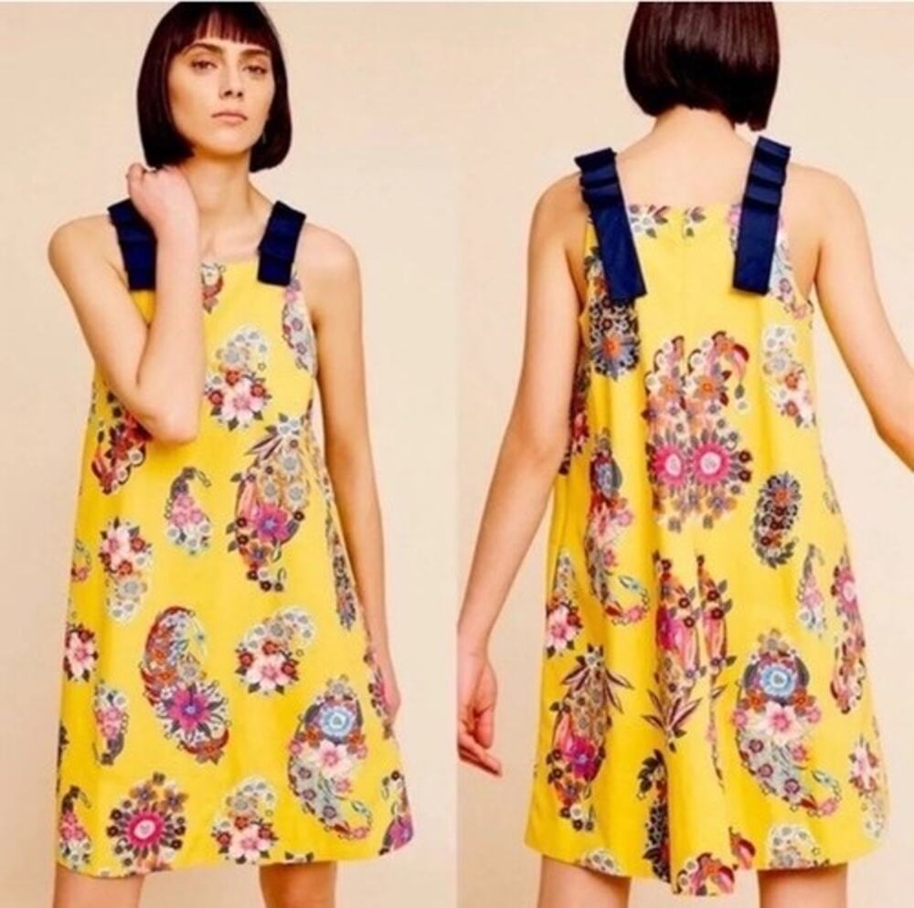 Anthropologie Maeve Sunniva Yellow Floral Ribbon Strap Dress Size XS